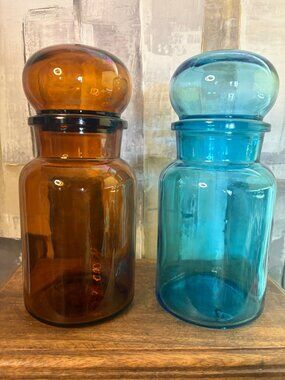 Vintage Mid-Century Glass Apothecary Style Jars Set of Two Amber Blue